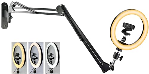 Upgraded Webcam Wall Mount Selfie Light, 10'' Ring Light with Boom Arm Webcam Wall Stand Holder Compatible with Logitech C920/MX Brio 4K/StreamCam/Brio pro X 4K/C930/C922/C925e/C615/Brio 500 webcams