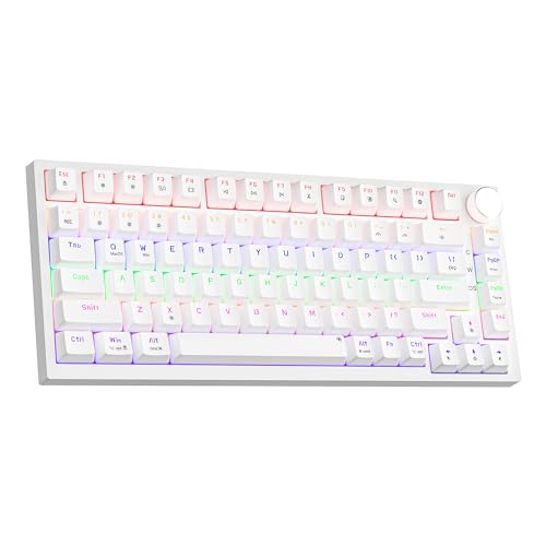 Newmen GM326 75% Percent Mechanical Keyboard,Wired Mini Backlit Hot Swappable Gaming Mechanical Keyboard with Knob,82 Keys Anti-Ghosting Compact White Gaming Keyboards for PC Win Mac,Red Switch - color: White