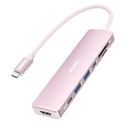 BENFEI 7-in-1 USB C Hub with HDMI(4K@60Hz), 2 USB-A, 1 USB-C Data, 100W Charge, SD/TF Card Reader, Silicone Tangle-Free Cable Compatible with MacBook Pro/Air, iPad Pro, iMac, iPhone 15 Pro/Pro Max - color: Pink