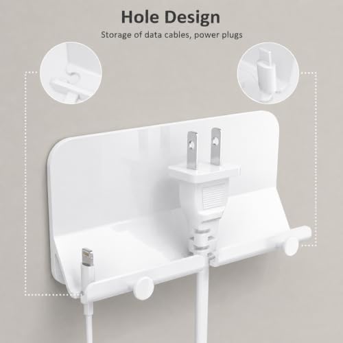 Wall Mount Phone Holder with Cable Hole & Hooks, Adhesive Wall Phone Holder, Phone Charging Dock & Organizer for Bedroom, Bathroom, Kitchen, Office, Dorm & RV (2 Pack-White) - color: 2 Pack-W