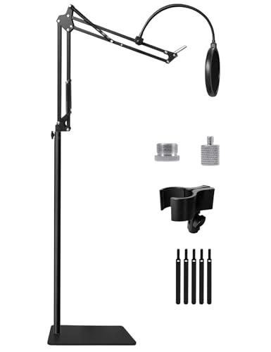 Mic Stand Floor Boom Arm with 6.6lbs Weighted Base for Blue Yeti, SM7B, MV7 | Podcast Microphone Stand for HyperX QuadCast, Yeti Nano, Snowball, Fifine K688, AT2020 with Pop Filter, 5/8" & 1/4" Screws