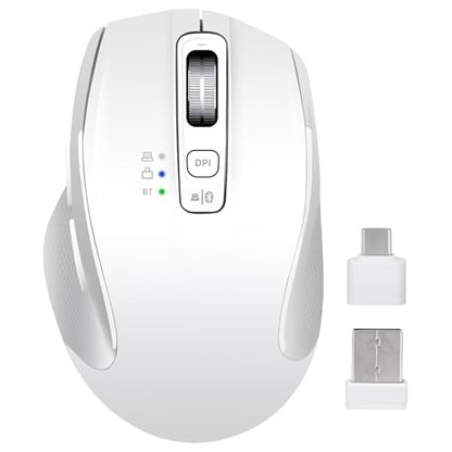 Wireless Bluetooth Mouse with USB-A, USB-C Receiver, Rechargeable, 3-Device, Full-Size, Silent Click, Ergonomic Mice for MacBook/Laptop/Computer/Tablet/PC/iPad (White) - color: White