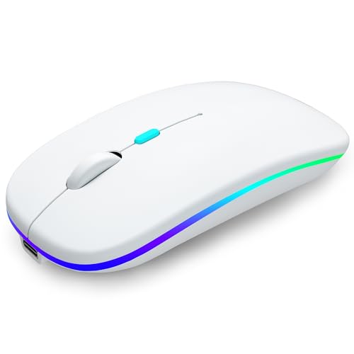 AIKOKOK Wireless Bluetooth Mouse, Rechargeable Dual Mode Mouse, White | BT 5.2 & 2.4G USB Receiver, 3 Adjustable DPI,LED Lights,Slim,Silent,Portable Computer Mouse for Laptop,PC,MacBook,iPad,Tablet - color: White
