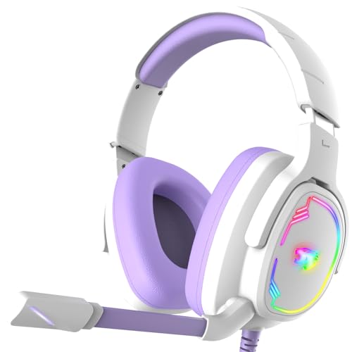 Jimonyer Gaming Headset for PS5 PS4 PC Xbox Series X|S Switch, 7.1 Stereo Surround Sound Over Ear Headphones with Noise Canceling Mic, RGB LED Light, Soft Memory Earmuffs for Gaming or Work, Purple - color: Purple