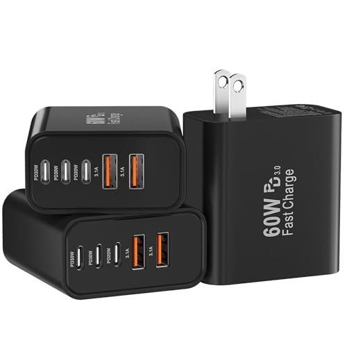 USB C Fast Wall Charger Block, 3Pack 60W USBC Charging Cubes, 5-Port PD+QC Power Adapter Multiport Brick Type C Box Plug for Phone 17/16/15/14/13/12/11/Pro Max/Plus, Pad Mini/Pro/S25/S24-Black - color: Black-3Pack
