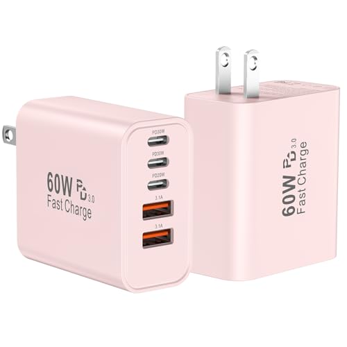 USB C Fast Wall Charger Block, 2Pack 60W USBC Charging Cubes, 5-Port PD+QC Power Adapter Multiport Brick Type C Box Plug for Phone 16/15/14/13/12/11/Pro Max/Plus, Pad Mini/Pro/S25/S24-Pink - color: Pink