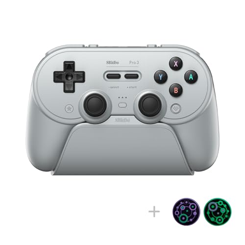 8Bitdo Pro 3 Bluetooth Controller with Charging Dock - Gray | Swappable ABXY Buttons, TMR Joysticks, Hall Effect Triggers, Back Buttons, Switch/Switch 2, Windows, Apple, SteamOS, Android - color: Gray