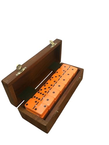 Marion Domino Double Six Orange-Black Spots Jumbo Tournament Professional Size with Spinners in Dovetail Sheesham Wood Box. - color: Orange