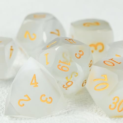 RULE DICE Gemstone DND Dice, Dungeons and Dragons Dice Set 7PCS Polyhedral Gem Stone Dice Set D4 D6 D8 D10 D% D12 D20,Crystal Glass Gem Dice Set with Gift Case - color: Pm-white Ca't Eye