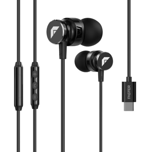 FASTER SH-2C Raven USB-C Wired Earphones with Mic, 3.9 ft Cable | Hi-Fi Bass In-Ear Metal Headphones, Black, 10 mm Driver, Button Control for iPhone, Samsung, Laptop, Handsfree with Mic