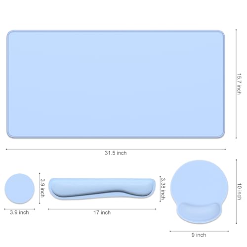 Dapesuom Large Gaming Mouse Pad, Mouse Pads with Wrist Rest Wrist Support, 4in1 Big XXL Desk Mat Desk Pad + Ergonomic MousePad + Memory Foam Keyboard Mat Wrist Rest + Coaster Set for Computer,Sky Blue - color: Sky Blue