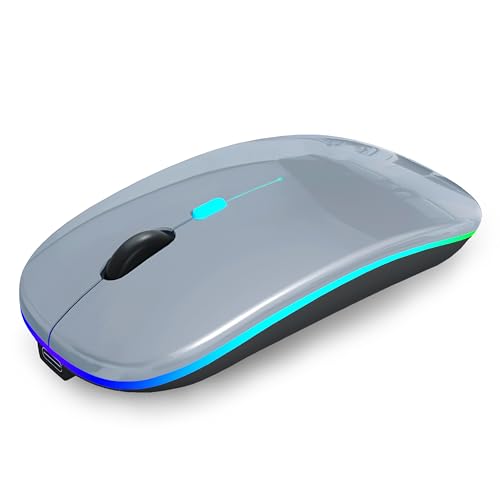 AIKOKOK Wireless Bluetooth Mouse, Rechargeable, Dual Mode Bluetooth 5.2 & 2.4G USB, LED Lights, Slim, Silent, Portable Computer Mouse for Laptop, PC, MacBook, iPad, Tablet (Grey) - color: Grey