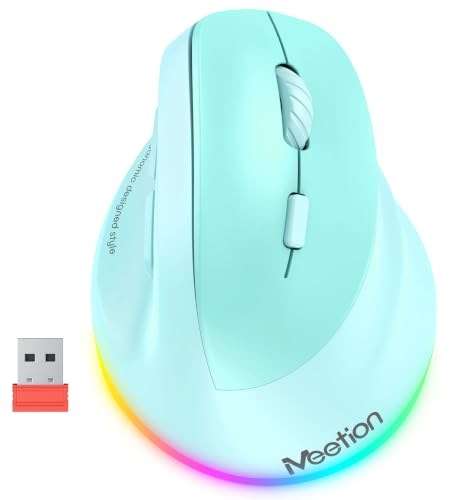MEETION Ergonomic Wireless Vertical Mouse, Rechargeable, Green | Bluetooth 5.2 + 3.0 and USB connectivity, RGB backlight, 4 DPI adjustment, compatible with Windows, Mac, Android, PC and iPad - color: Right Green