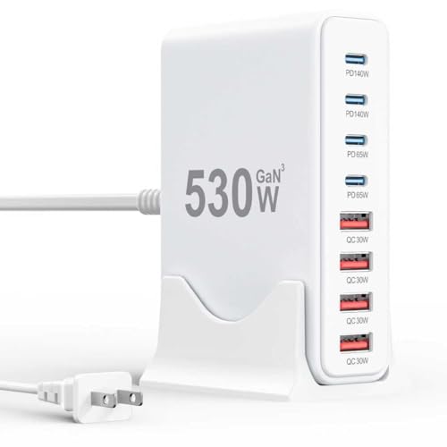 530W USB C Charger Block,8-Port USB C Charging Station GaN IV Travel Essentials Multiple Port Charging Station,140W Laptop Fast Charger Adapter for MacBook Pro/Air,DELL,iPad,iPhone,Samsung Galaxy - color: White