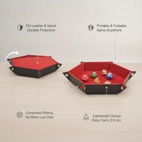 Keep Dice Contained with This Foldable Hexagon Tray, PU Leather & Velvet Interior, Portable 12.6 x 9.6 Inch Rolling Surface for Tabletop Games
