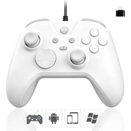 Joso Wired Gaming Controller with 1000Hz Polling Rate, USB Gamepad for Android, Switch, PC & PS4, Turbo and Adjustable Dual Vibration, 6.6-Foot Cable, USB C Adapter Included - color: White