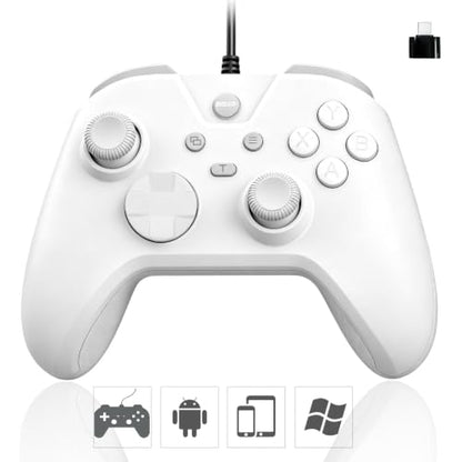 Joso Wired Gaming Controller with 1000Hz Polling Rate, USB Gamepad for Android, Switch, PC & PS4, Turbo and Adjustable Dual Vibration, 6.6-Foot Cable, USB C Adapter Included - color: White