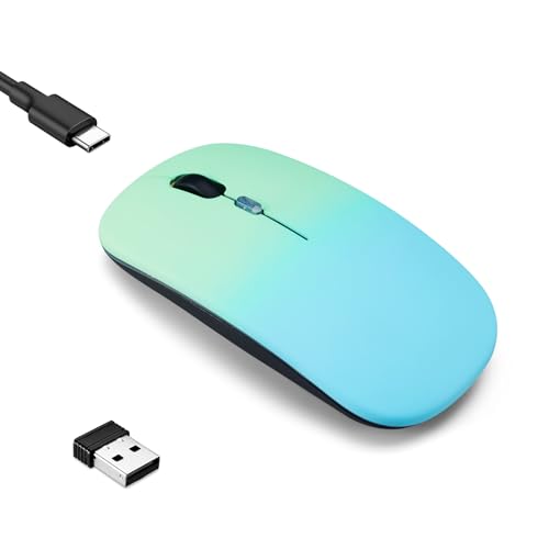 Wireless Bluetooth Mouse,LED Dual Mode Rechargeable Silent Slim Laptop Mouse,Portable(BT5.2+USB Receiver) Dual Mode Computer Mice,for Laptop,Desktop Computer,ipad Tablet,Phone,Mac(Greenish blue) - color: Gradient Greenish blue