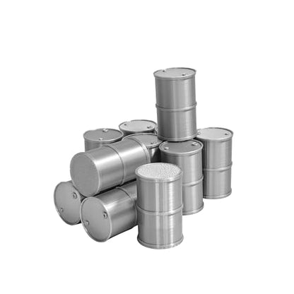 11-Piece Barrel Terrain Set, 1:32 Tabletop Wargame Diorama (Grey) | 11 grey barrels, 1:32 scale. Wargame terrain prop, modern industrial scatter, miniature scenery collectible.