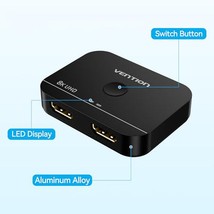 VENTION 8K 2x1 HDMI Switch, 4K@120Hz HDMI Splitter Switcher, 2 in 1 Out with LED Indicators, Supports HDR, 3D, Dolby, Compatible with Laptops, PC, Xbox Series, PS5/4/3, Blue Ray, Projector - color: Black
