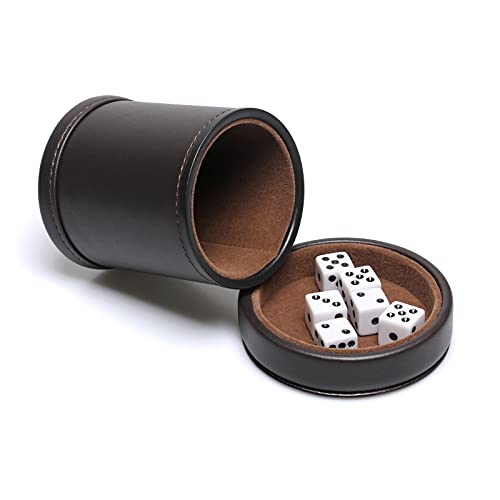 PU Leather Dice Cup with Lid, Dark Chocolate Leatherette and Dark Brown Felt-Lined Quiet Dice Shaker Cup, Including 6 Black Dot Dice for Liars Dice/ Farkle/ Yahtzee Games, 1 Pack - color: Chocolate