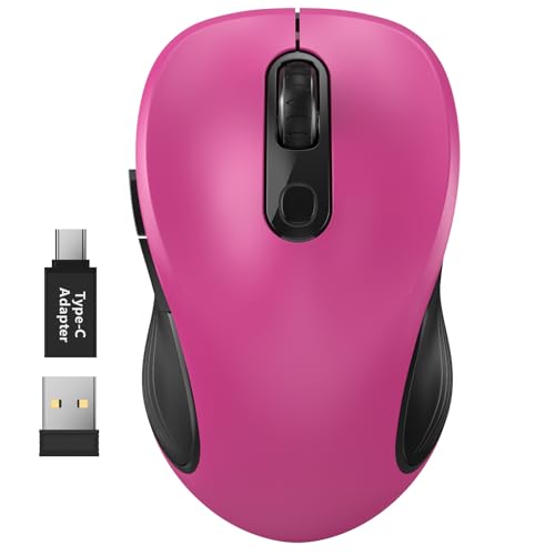 WisFox 2.4G Wireless Mouse for Laptop, Ergonomic Computer Mouse with USB Receiver and Type-C Adapter, 3 Adjustable Levels, 6 Button Cordless Wireless Mice for Windows Mac PC Notebook (Fuchsia) | 2.4GHz Wireless, 3 DPI Levels, Type-C Adapter, Plug & Play,