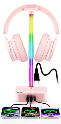 cozoo Gifts for Teen Girls Cute Pink RGB Headphone Stand & Charging Station, 3 USB 2 AC Outlets - Stylish Gaming Headset Holder, Desk & Game Room Decor, Christmas Gifts for Girlfriend, Women, Gamers - color: Pink Pro