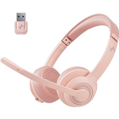 JIAMQISHI Wireless Headset with AI Noise Cancelling Microphone Bluetooth Headset - Bluetooth V5.2 Headphones with USB Dongle & Mic Mute for Computer/Laptop/PC/iPhone/Android/Cell Phones (Pink) - color: Pink