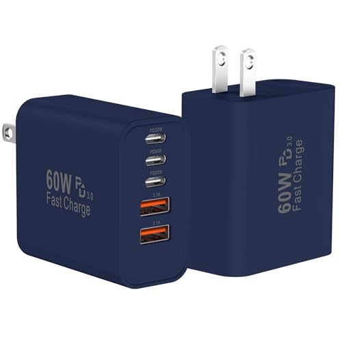 USB C Fast Wall Charger Block, 2Pack 60W USBC Charging Cubes, 5-Port PD+QC Power Adapter Multiport Brick Type C Box Plug for Phone 17/16/15/14/13/12/11/Pro Max/Plus, Pad Mini/Pro/S25/S24-Deep Blue - color: Deep Blue