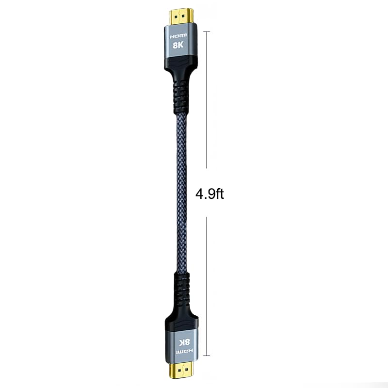 8K@60 Long HDMI Cable 5FT, 48Gbps 2.1 High Speed Gaming HDMI Cord, Braided Nylon & Gold Connectors for TV/Laptop/Monitor/PS-5/X-box/Projector/Entertainment/Sound System & More, Grey