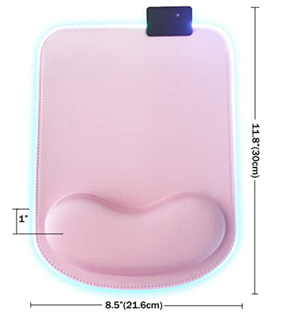 RGB LED Wrist Support Mouse Pad with 13 Lighting Modes, Anti-Slip Rubber Base, Ergonomic for Gaming, Office, Home - 11.8 x 8.5 in (Pink) - color: Pink
