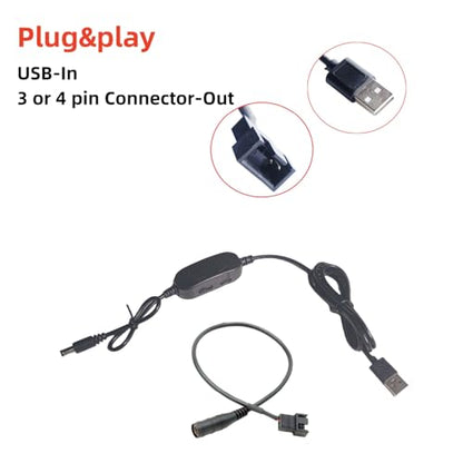 2-Pack 12V Step-Up USB Fan Power Adapter Cable with Speed Control for 3-Pin/4-Pin PC Cooling Fans, 6W with LED Indicators, Input 5V Output 5-12V DC (68inch)