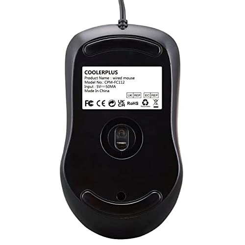COOLERPLUS FC112 USB Optical Wired Computer Mouse with Easy Click for Office and Home, 1000DPI, Premium and Portable,Compatible with Windows PC, Laptop, Desktop, Notebook (Black)