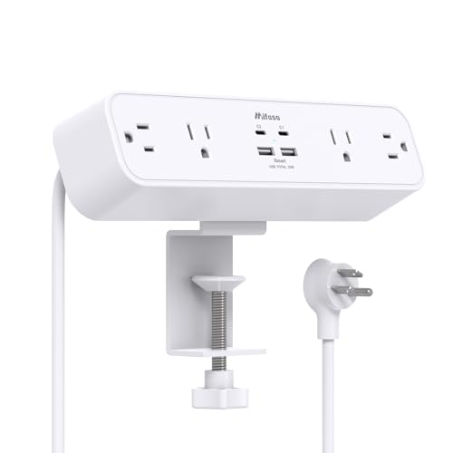 Mifaso PD30W Desk Clamp Power Strip, Surge Protector, Fast Charging Station | 4 Outlets, 4 USB (2 USB C), 5FT Extension Cord, Desk Organizer Gaming Accessories Office Essentials, Fits 1.96" Tabletop Edge - color: White, size: PD30W