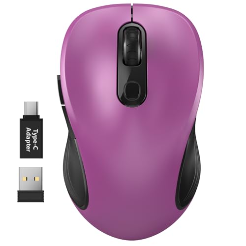 WisFox 2.4G Wireless Mouse for Laptop, Ergonomic Computer Mouse with USB Receiver and Type-C Adapter, 3 Adjustable Levels, 6 Button Cordless Wireless Mice for Windows Mac PC Notebook (Purple) | 2.4GHz Wireless, 3 DPI Levels, Type-C Adapter, Plug & Play, Q