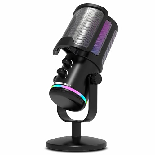 Gaming USB Microphone for PC PS4/5 - Condenser Mic with Quick Mute, RGB Indicator Desktop Stand Pop Filter Gain Control for Streaming Discord Twitch Podcasts Videos (Black)