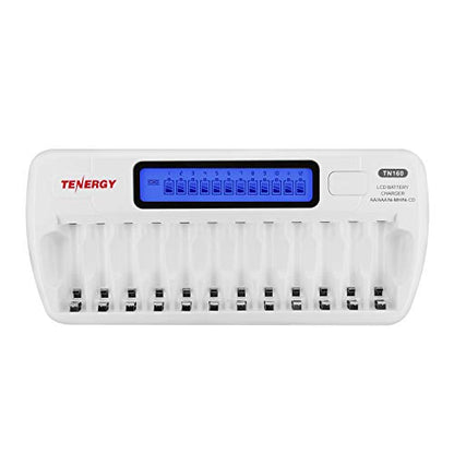 Tenergy TN160 12-Bay Smart Battery Charger: LCD Display and Refresh Function for AA or AAA NiMH and NiCd Rechargeable Cells with AC Wall Adapter - size: Charger
