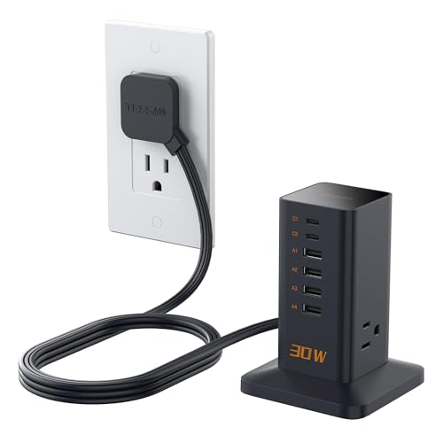 Charging Station for Multiple Devices, TESSAN 9-in-1 USB C Power Strip for iPhone 17/16/15, MacBook, Tablet, Desktop Phone Fast Charger with 3 AC, USB Charger, Home Drom Office Accessories, Black-30W - color: Black-30W