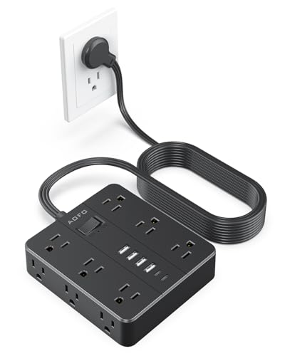 15FT Surge Protector Power Strip,12 AC Outlets with 6 USB Ports (2 USB-C), Flat Plug Extension Cord with Multiple Outlets, Wall Mount for Home Office,Dorm, Black - color: Black, size: 15FT