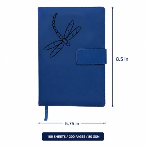 The Amazing Office Dragonfly Refillable Journal, Blue Faux Leather, 200 Lined Pages, 5.75x8.5 Inch Notebook with Magnetic Clasp and Pen Holder, Writing Diary for Women and Men - color: Dragonfly Blue
