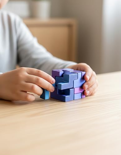 Interlocking Cube Brain Teaser Puzzle for Kids and Adults, Pocket Size 1.77 Inch Dual Color Blue and Purple Logic Challenge, Screen Free Focus Toy and Thoughtful Gift Idea - style: Cubix Blue