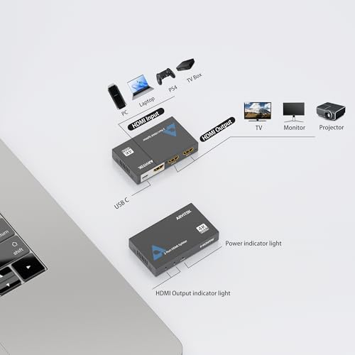HDMI Splitter 1 in 2 Out, Arvitek 2 Port HDMI Splitter for Dual Monitors, TV, Laptop, Xbox, PS4, 4K@30Hz, Metal Housing, Mirror Only - size: 1x2