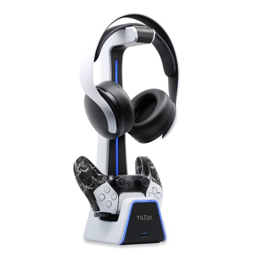Gaming Headset and Controller Stand | Premium PS5 Accessories (Clean Space with Charging Station) Headphone and Controller Holder for Desk, PlayStation 5, Xbox Game, - color: White