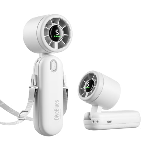 Diveblues Mini Handheld Fan, 30ft/s Portable Turbo Fan [12H Max Cooling], 4000mAh Personal Fan with LED Display, 3-in-1 Hand Held/Neck/Desk Fan for Travel, Cruise, Disney Essentials - color: Pearl White