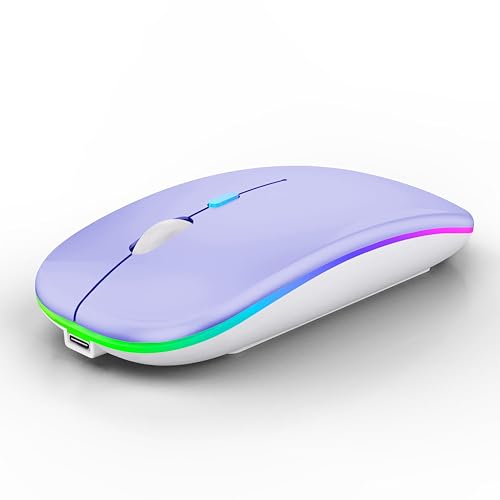 WREANU Wireless Bluetooth Mouse Rechargeable Laptop Mice with LED Lights Silent Slim Use(BT5.2 and 2.4G Portable USB Receiver)Dual Mode Computer Mouse for Laptop/iPad/Tablet/Apple/Computer/Mac(Purple) - color: Purple Wireless Bluetooth Mouse