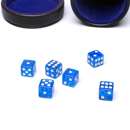 PU Leather Dice Cup with Lid, Blue Velvet Interior Quiet Dice Shaker Cup Including 6 BlueTranslucent Dice for Liars/Farkle/Yahtzee Games, 1 Pack - color: Dark Blue