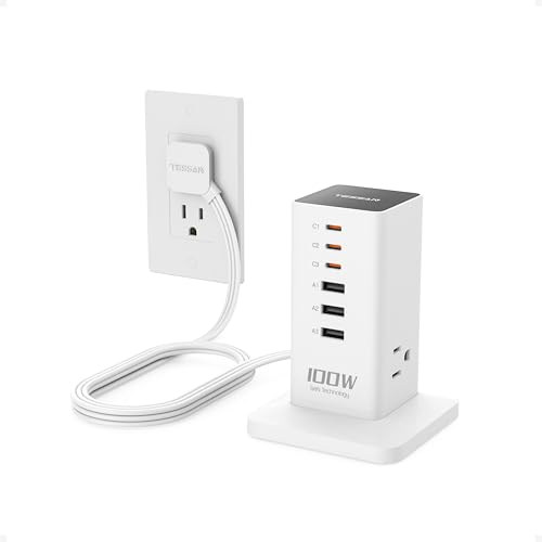Charging Station for Multiple Devices, TESSAN 9-in-1 USB C Power Strip for iPhone 17/16/15, MacBook, Tablet, Desktop Phone Fast Charger with 3 AC, USB Charger, Home Drom Office Accessories, White-100W - color: White-100W