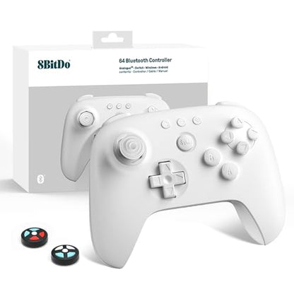 8Bitdo 64 Bluetooth Controller for Analogue 3D, Switch, Switch 2, Windows, Android – Hall Effect Joystick, Vibration, Turbo Function – White - color: White