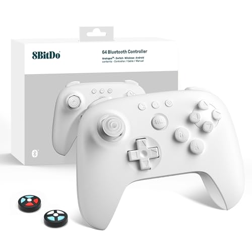 8Bitdo 64 Bluetooth Controller for Analogue 3D, Switch, Switch 2, Windows, Android – Hall Effect Joystick, Vibration, Turbo Function – White - color: White