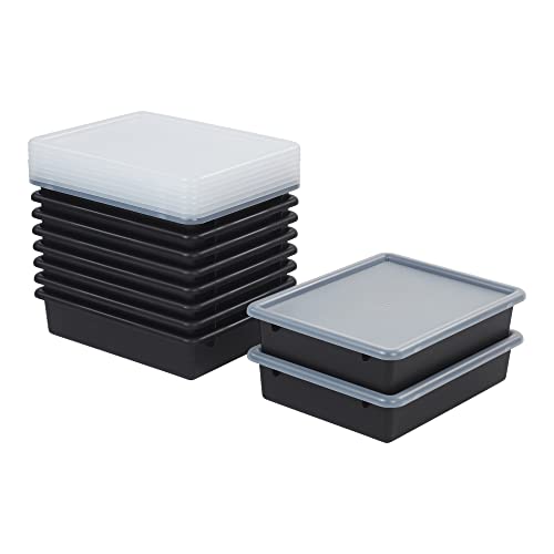 ECR4Kids Letter Size Plastic Tray Organizer with Lids, Small, Storage Bins, Black, 10-Piece | Durable plastic, GREENGUARD Gold Certified, 2 gallon capacity, stackable/nestable, easy-lift lids, classroom & home use - color: Black